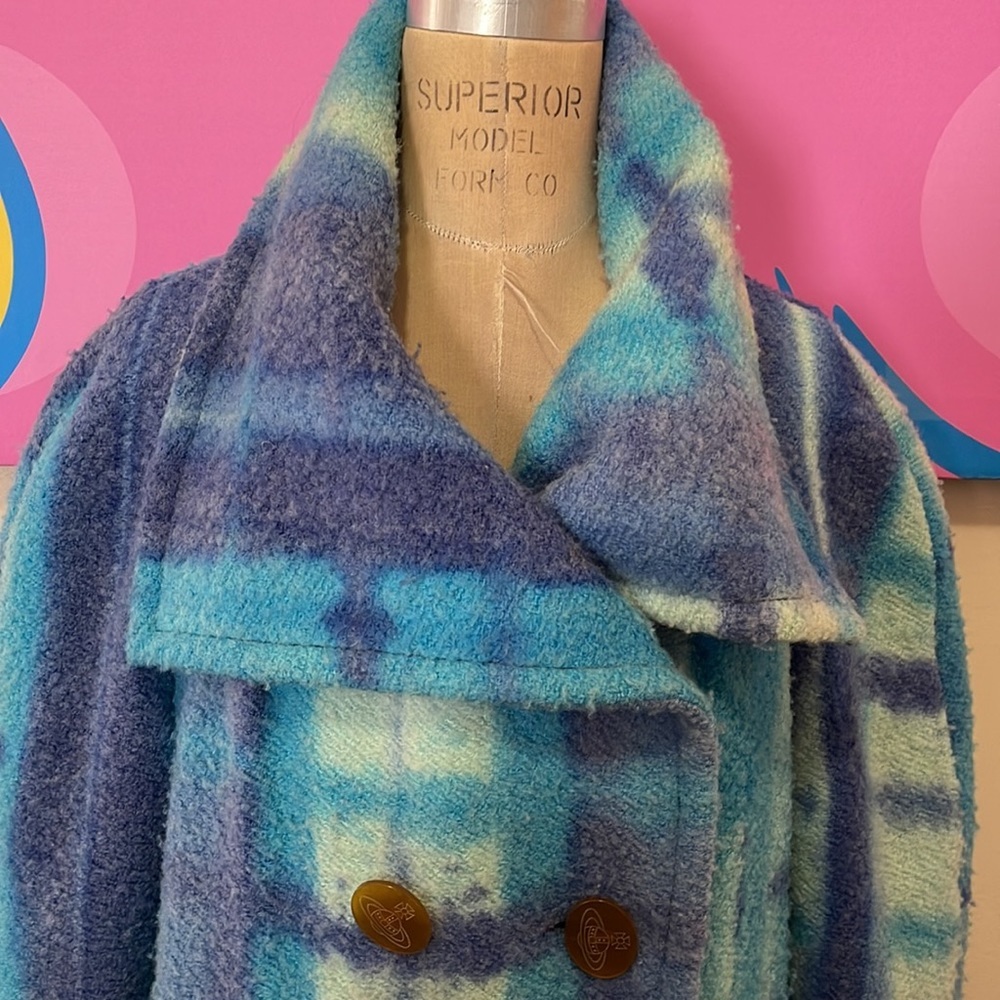 Vivienne Westwood Blue White Green Plaid Wool Coat - Picture 3 of 16